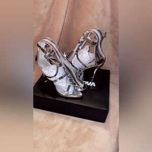 Stylish Silver Buckle Up Heels, size 10